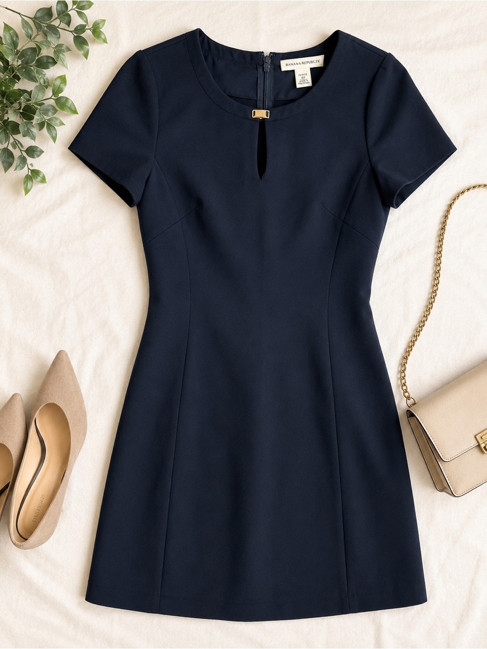 Banana Republic Navy Short-Sleeve A-Line Dress with Gold Accent